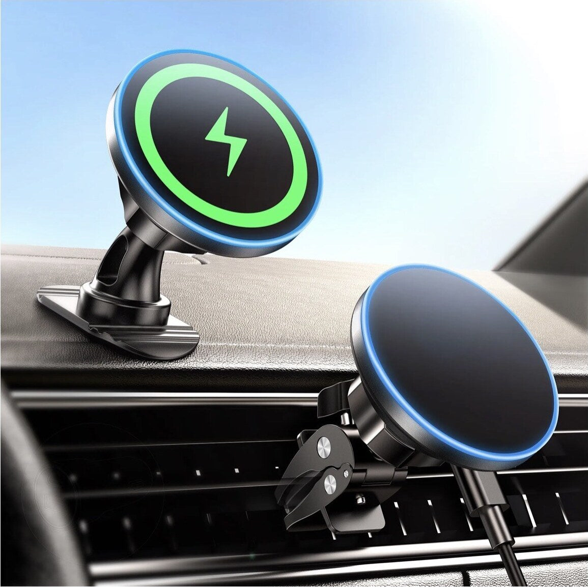 MagDrive mounted on a car dashboard with vent and dashboard mounting options